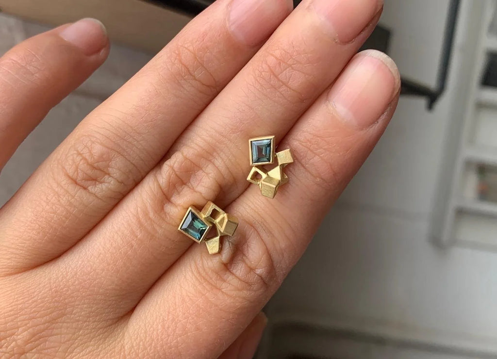 One-of-a-kind Earrings - Teal Sapphire & Gold Studs