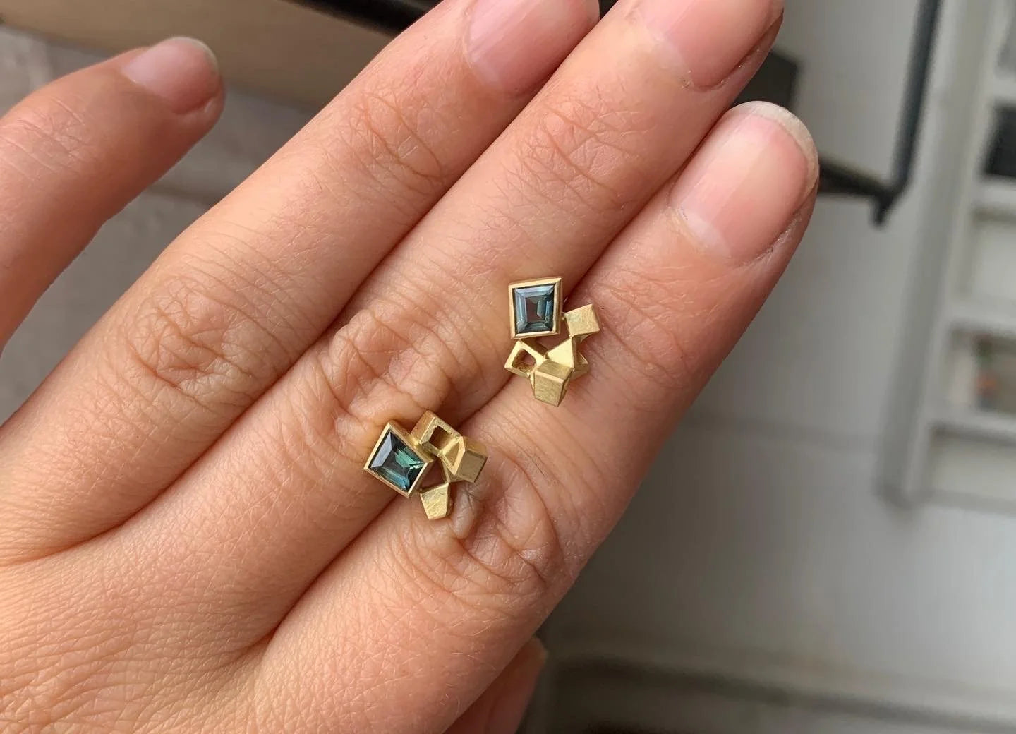One-of-a-kind Earrings - Teal Sapphire & Gold Studs