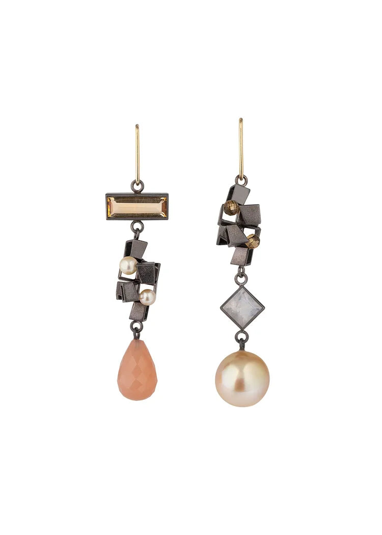 Baroque Earrings - Sterling silver, 18ct gold, pearl, moonstone and citrine earrings