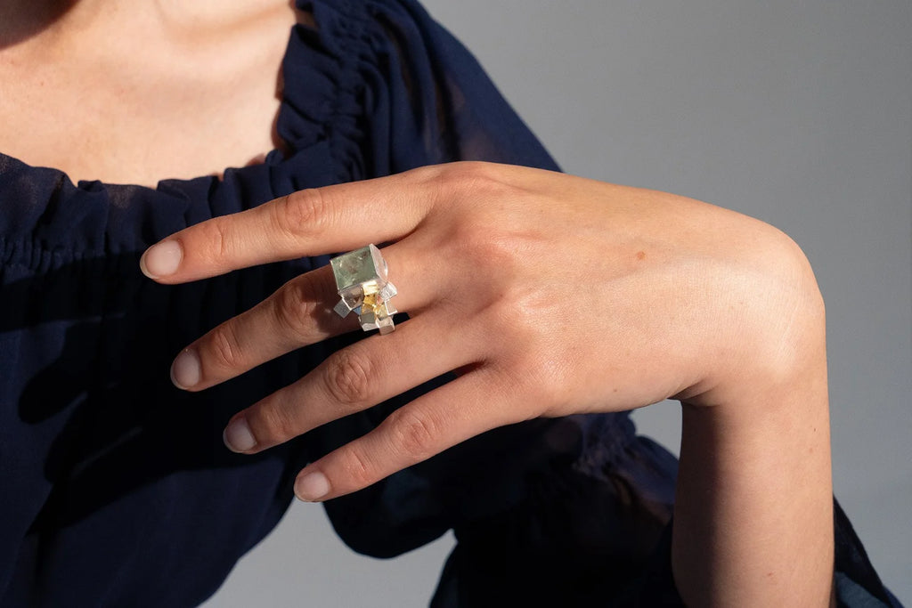 Beryl Cluster Ring - Sterling silver, 18ct gold and blue beryl ring