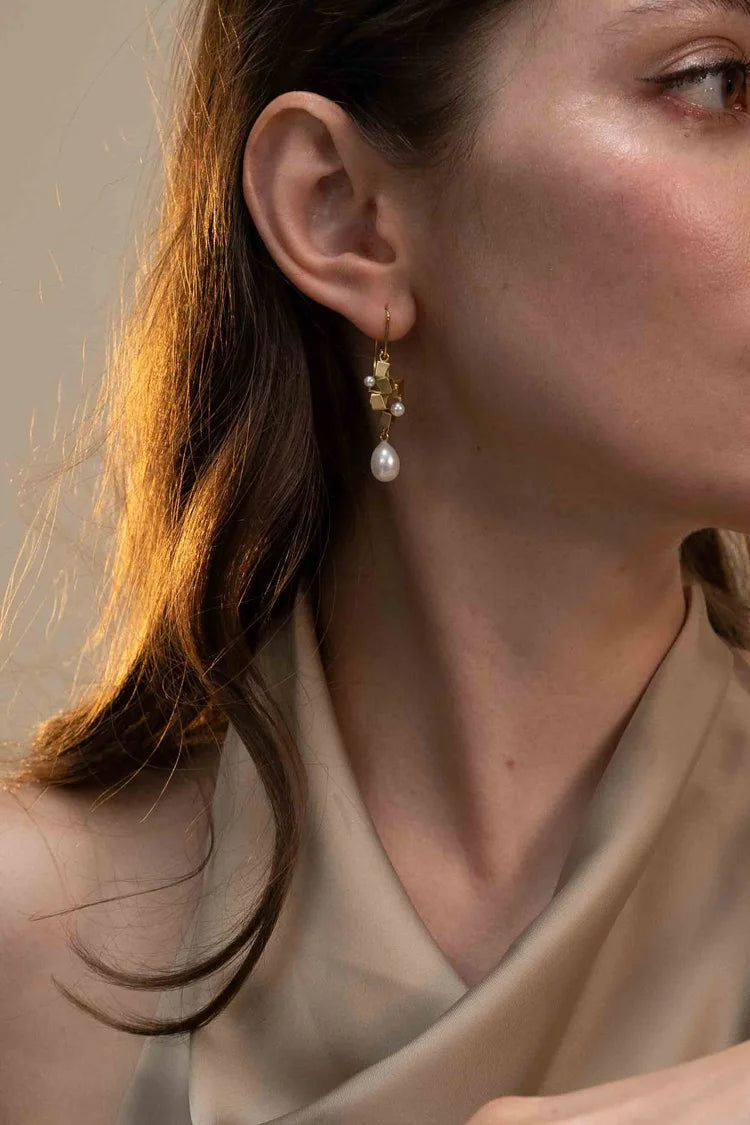Pearl Cluster Drop Earrings - Yellow gold plated sterling silver and pearl earrings