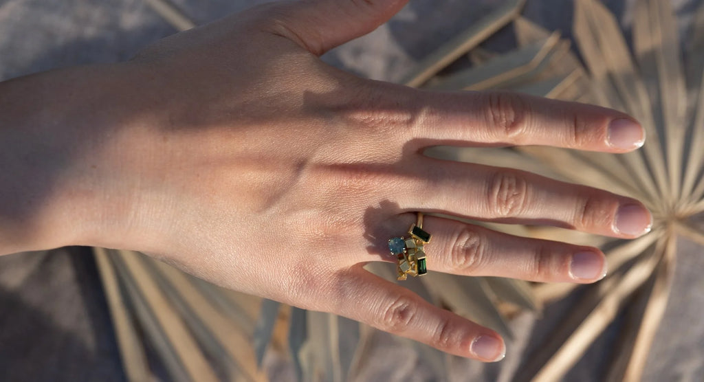 Montana Sage - 18ct gold Montana Sapphire and tourmaline cluster ring