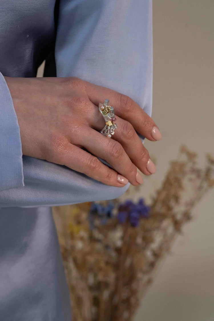 Dawn Cluster Ring - sterling silver, 18ct gold, pearl, tourmalin and morganite ring