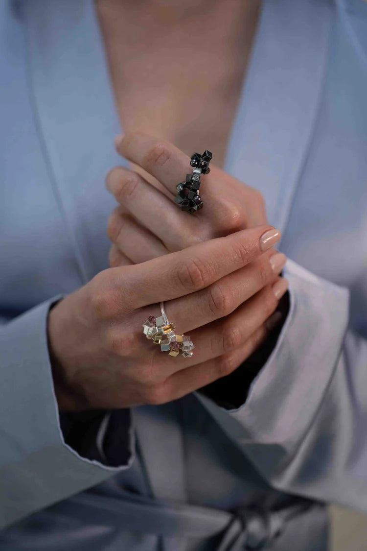 Dawn Cluster Ring - sterling silver, 18ct gold, pearl, tourmalin and morganite ring