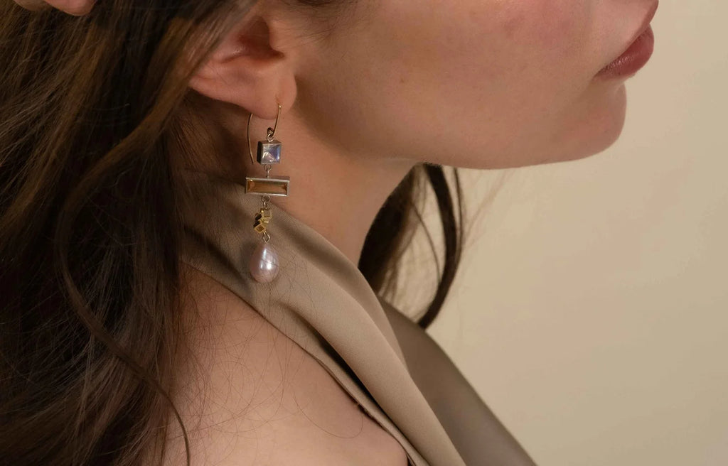 Dawn Earrings - Sterling silver, 18ct gold, moonstone, pearl, citrine earrings