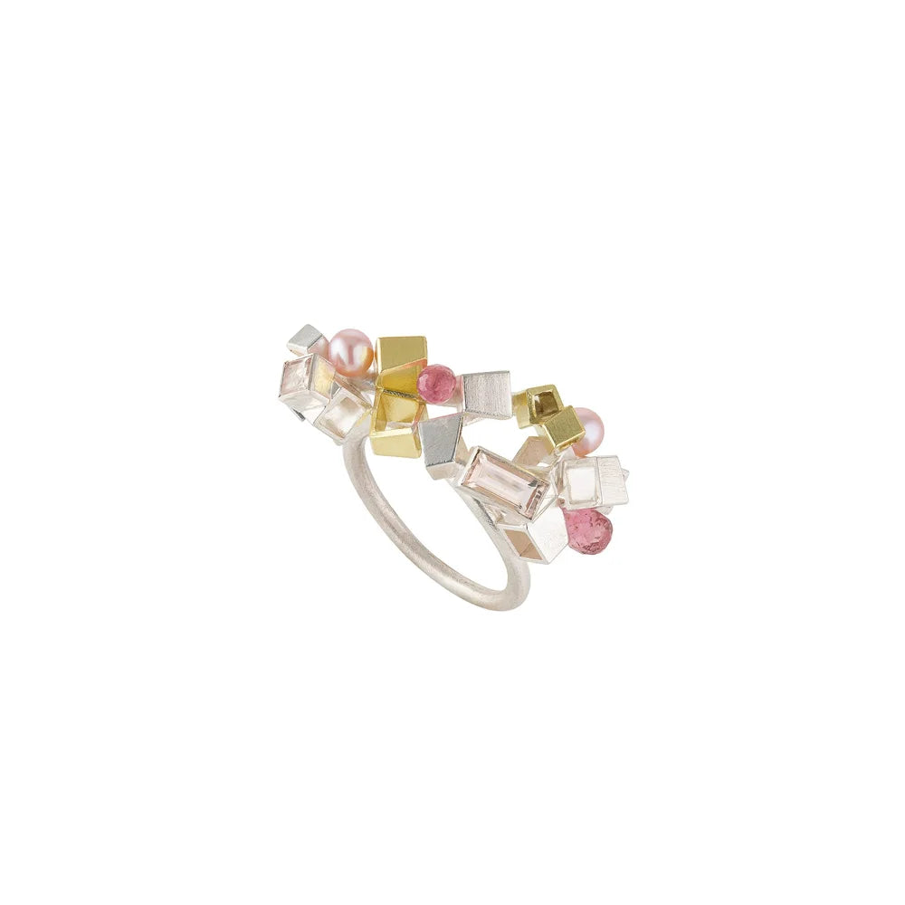 Dawn Cluster Ring - sterling silver, 18ct gold, pearl, tourmalin and morganite ring