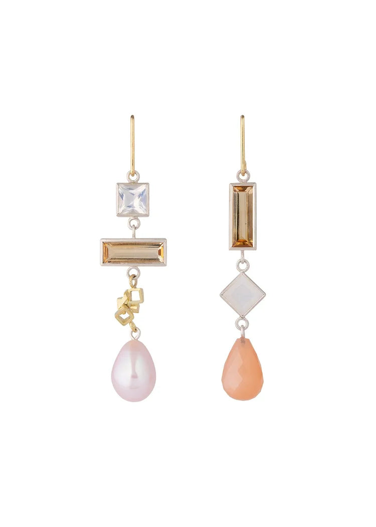 Dawn Earrings - Sterling silver, 18ct gold, moonstone, pearl, citrine earrings