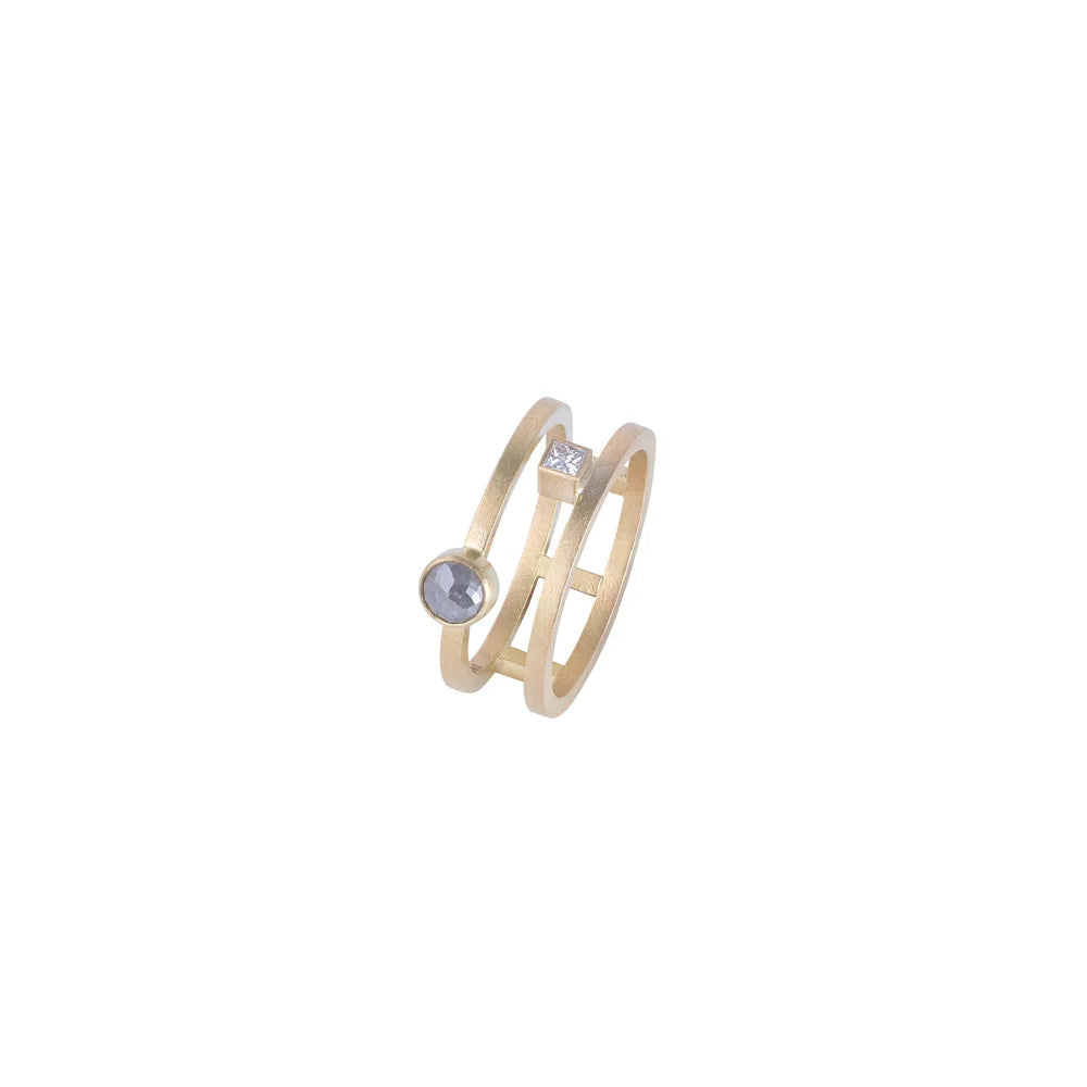 Double ring II - 18ct gold, rose cut grey and princess cut white diamond ring