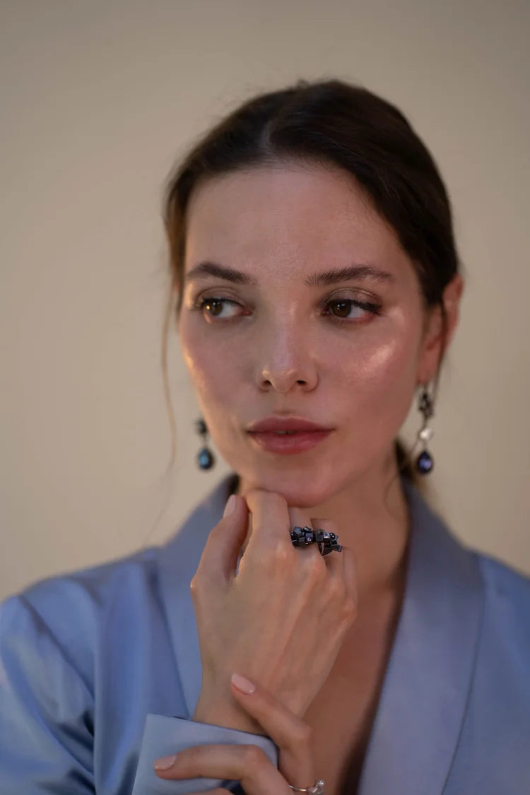 Rococo Cluster Ring - sterling silver peacock pearls, moonstone and quartz ring