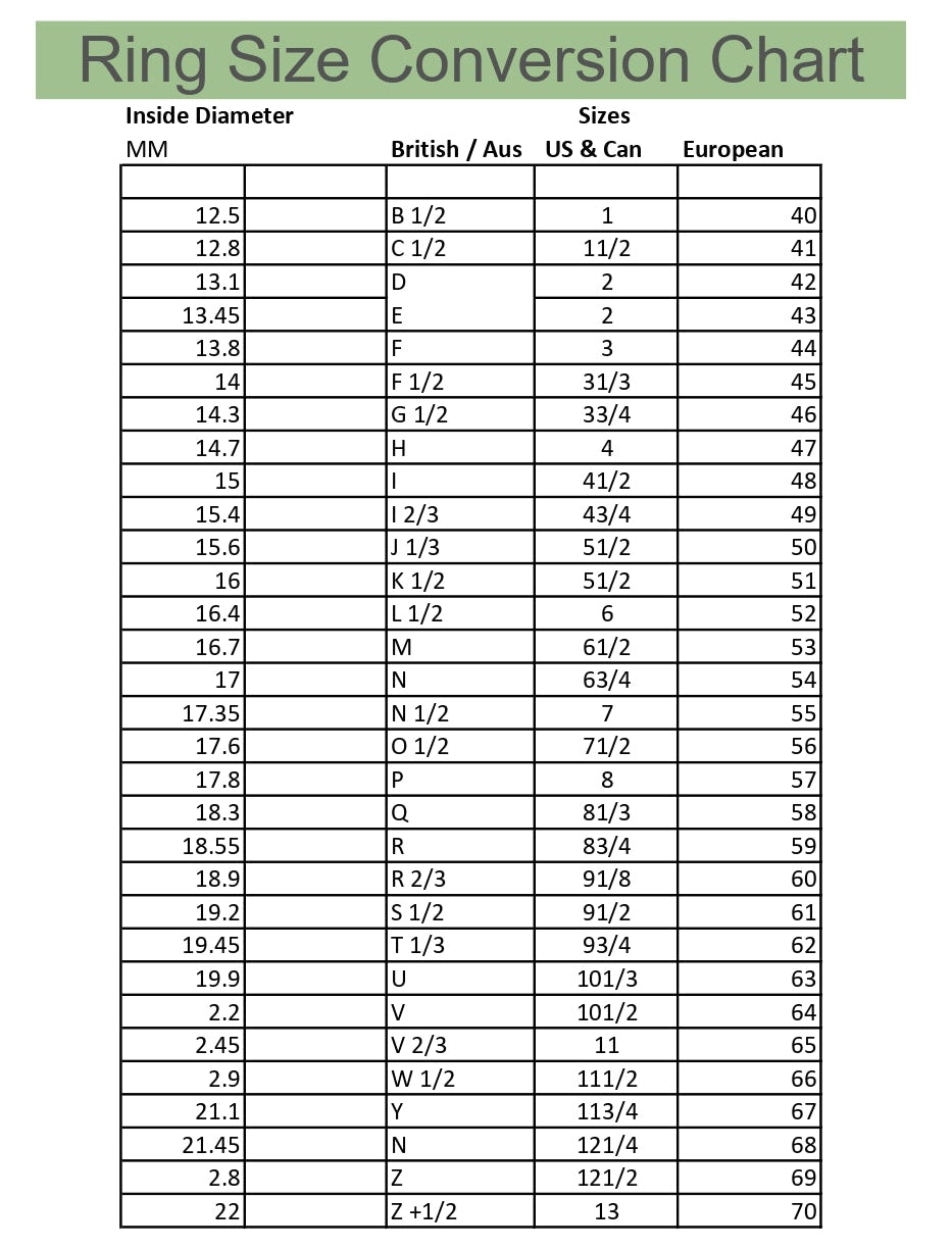 Ring size conversion chart with various ring sizes and their corresponding measurements.