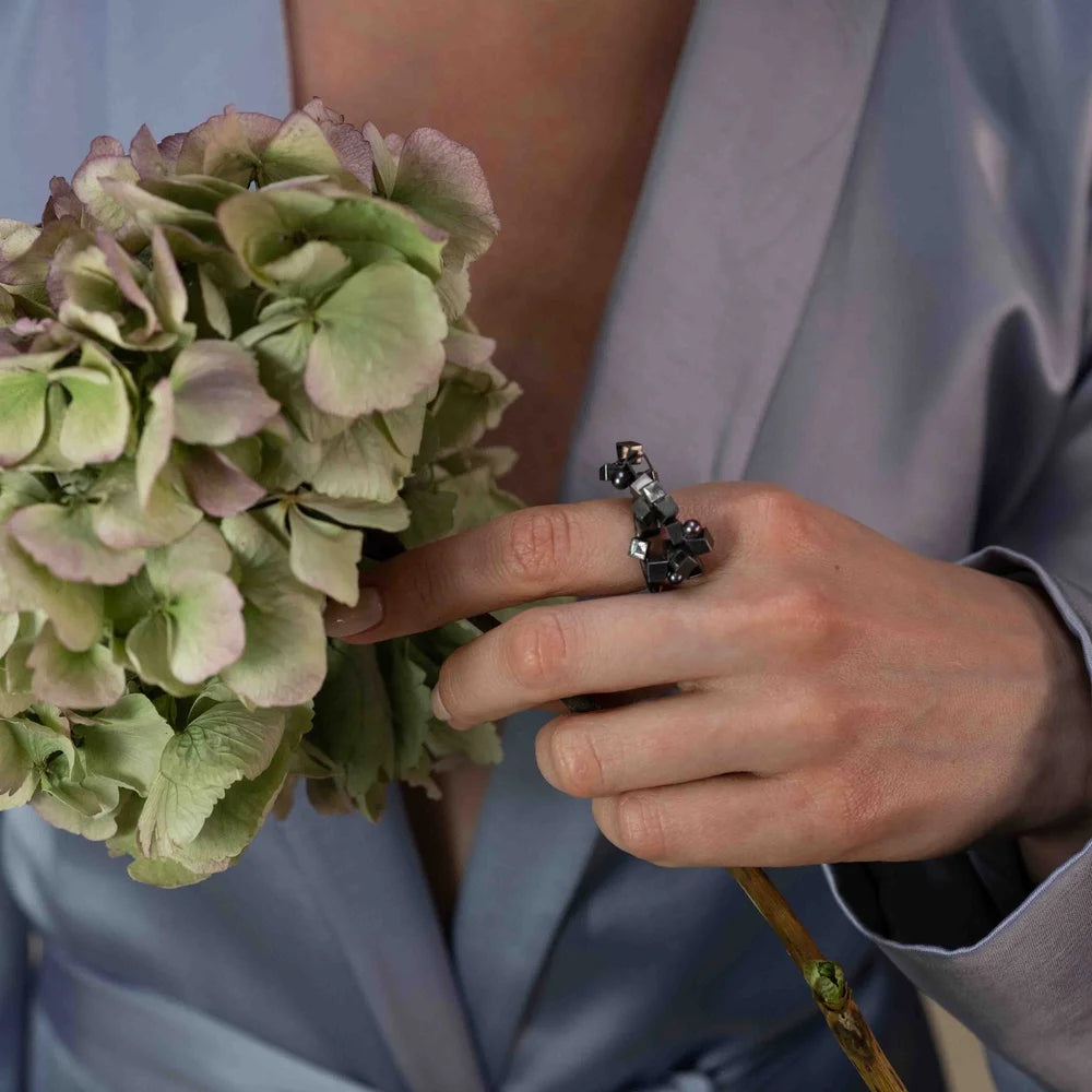 Rococo Cluster Ring - sterling silver peacock pearls, moonstone and quartz ring