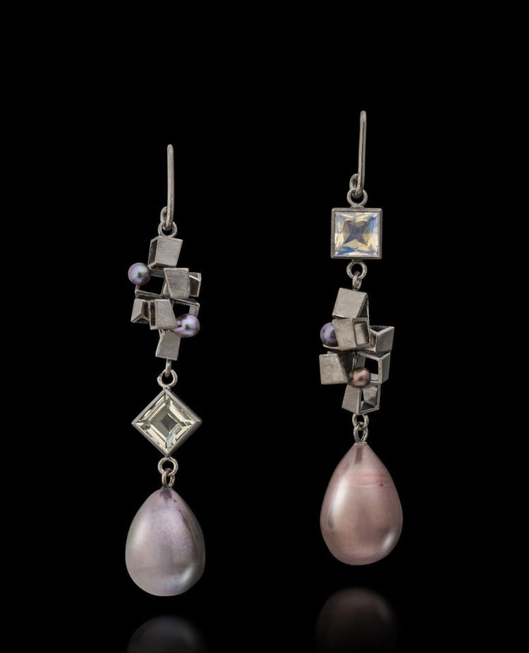 Rococo Earrings - Sterling silver, moonston, quartz, peacock pearl earrings