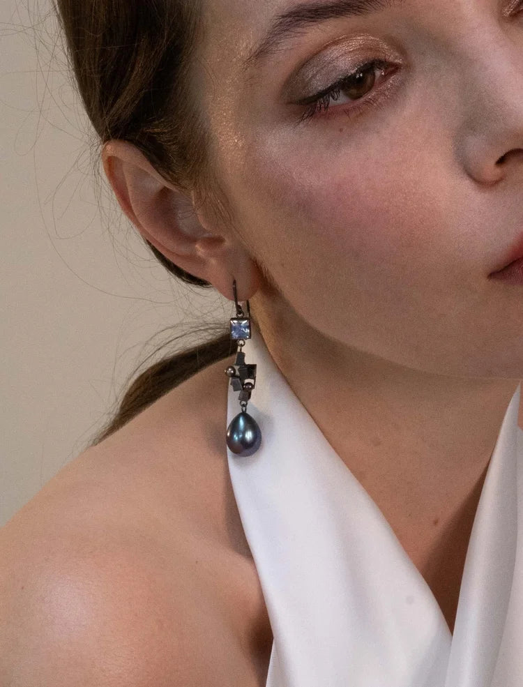 Rococo Earrings - Sterling silver, moonston, quartz, peacock pearl earrings