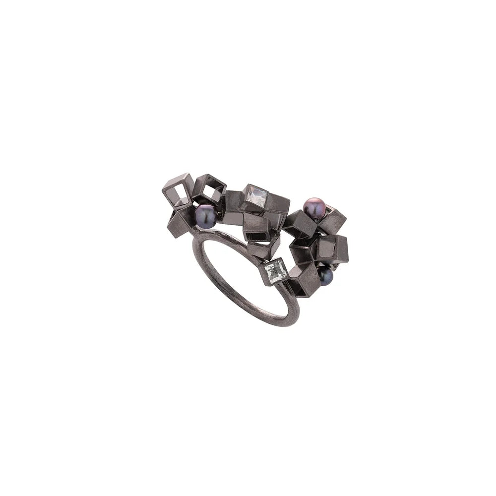 Rococo Cluster Ring - sterling silver peacock pearls, moonstone and quartz ring