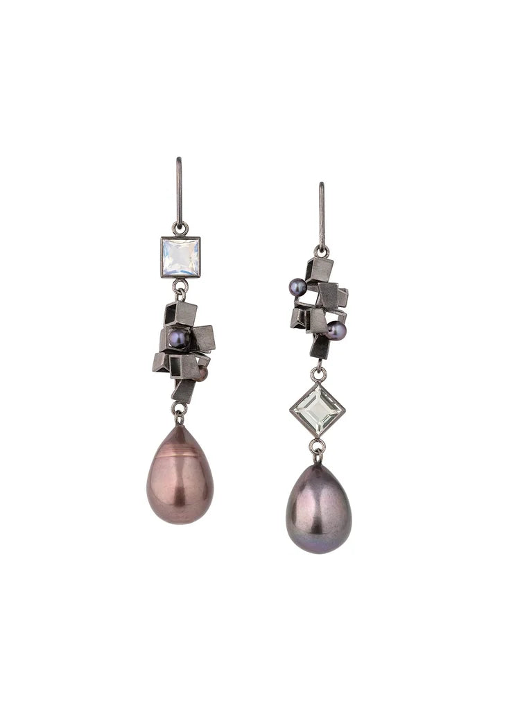 Rococo Earrings - Sterling silver, moonston, quartz, peacock pearl earrings