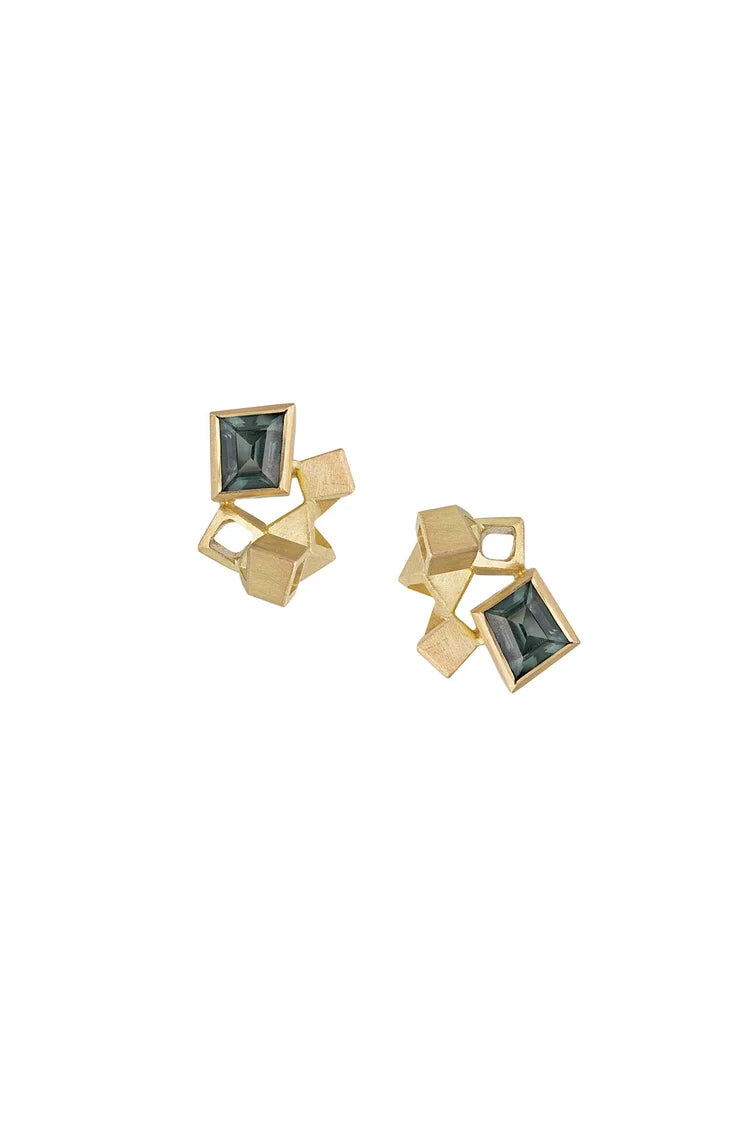 One-of-a-kind Earrings - Teal Sapphire & Gold Studs