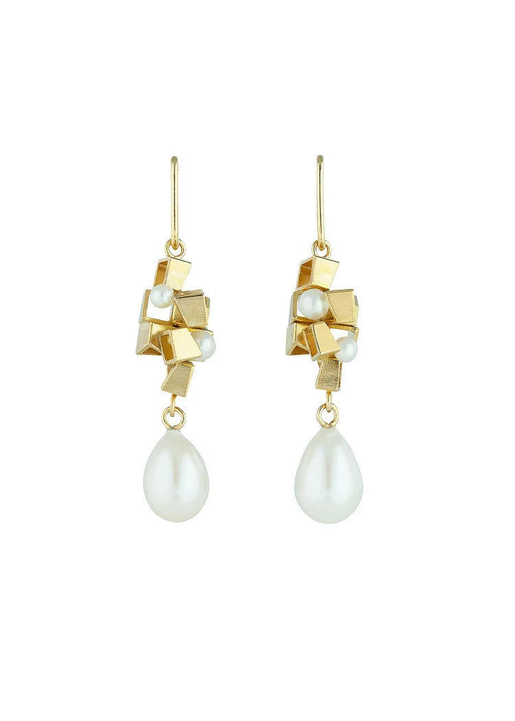 Pearl Cluster Drop Earrings - Yellow gold plated sterling silver and pearl earrings